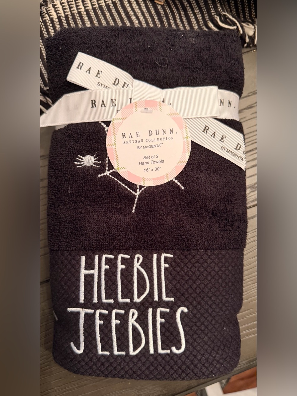 Rae Dunn Black 'Heebie Jeebies' Embroidered Hand Towel Set - 2 Pack